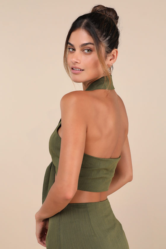 Lulus Composed Personality Olive Green Tie-front Halter Crop Top In Olive Green