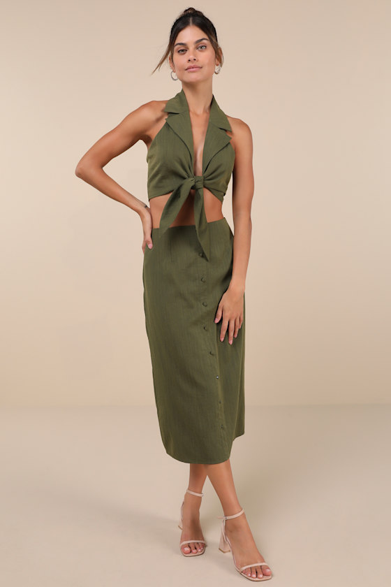 Lulus Composed Personality Olive Green Tie-front Halter Crop Top In Olive Green