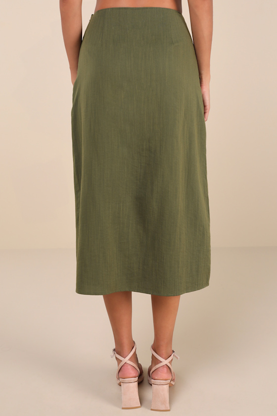 LULUS COMPOSED PERSONALITY OLIVE GREEN BUTTON-FRONT MIDI SKIRT