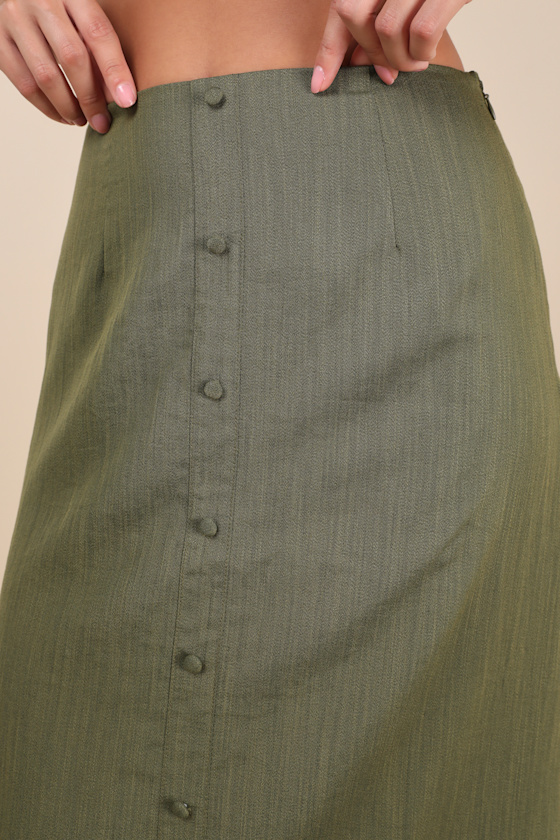 LULUS COMPOSED PERSONALITY OLIVE GREEN BUTTON-FRONT MIDI SKIRT