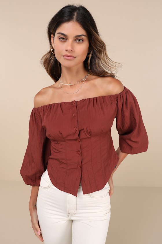 LULUS DELIGHTED APPROACH RUST BROWN PUFF SLEEVE OFF-THE-SHOULDER TOP 