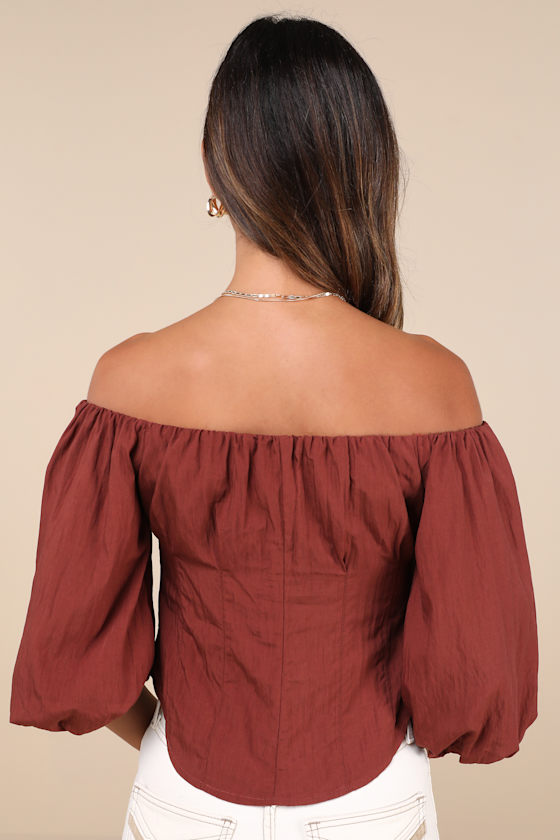 LULUS DELIGHTED APPROACH RUST BROWN PUFF SLEEVE OFF-THE-SHOULDER TOP 