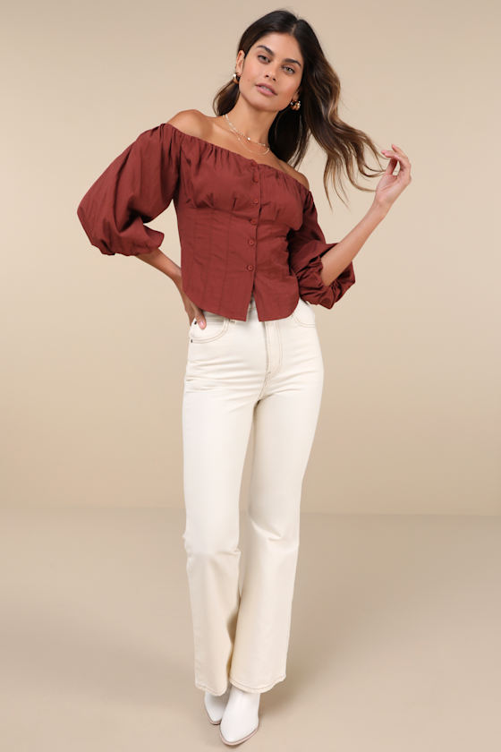 LULUS DELIGHTED APPROACH RUST BROWN PUFF SLEEVE OFF-THE-SHOULDER TOP 