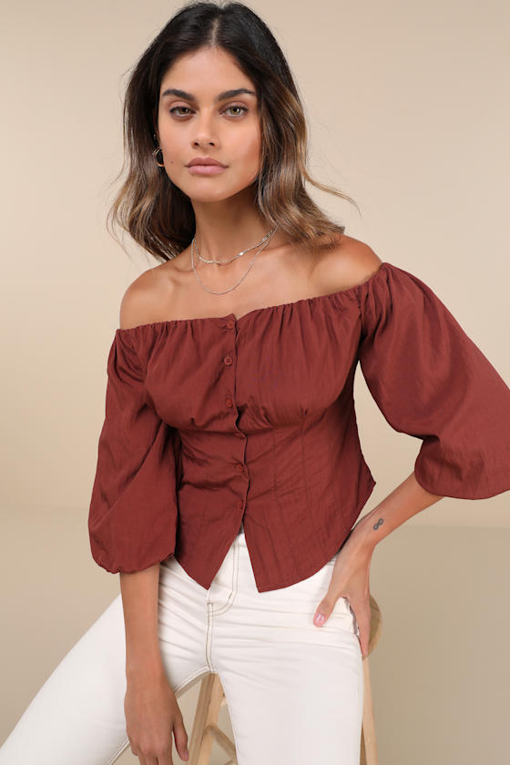 LULUS DELIGHTED APPROACH RUST BROWN PUFF SLEEVE OFF-THE-SHOULDER TOP 