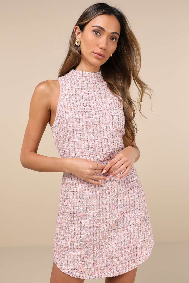 strapless open back dress Tweed Dress | The Amelie | Fuchsia | Classic Elegance Mini Dress Fuchsia Tweed / S by Chloe Colette main image 0