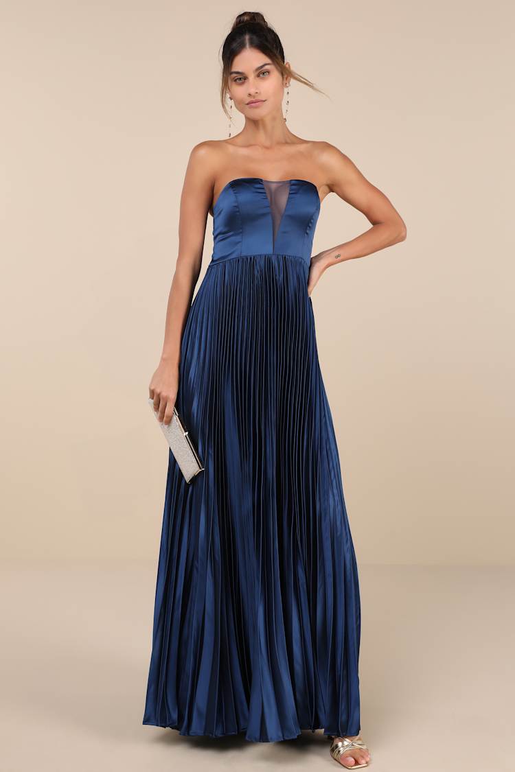 strapless open back dress Champagne 1950s Satin Backless Pleated Dress main image 1
