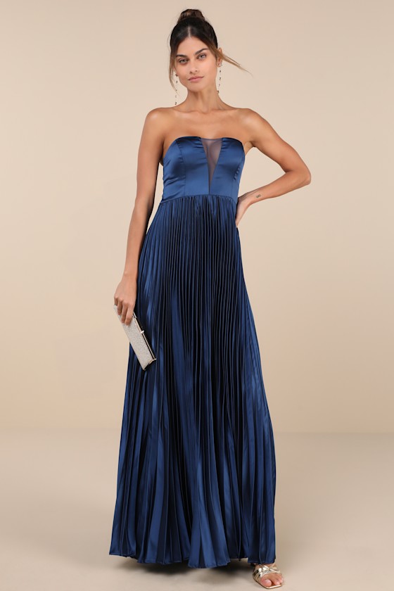 Perfected Elegance Navy Blue Satin Pleated Strapless Maxi Dress 2