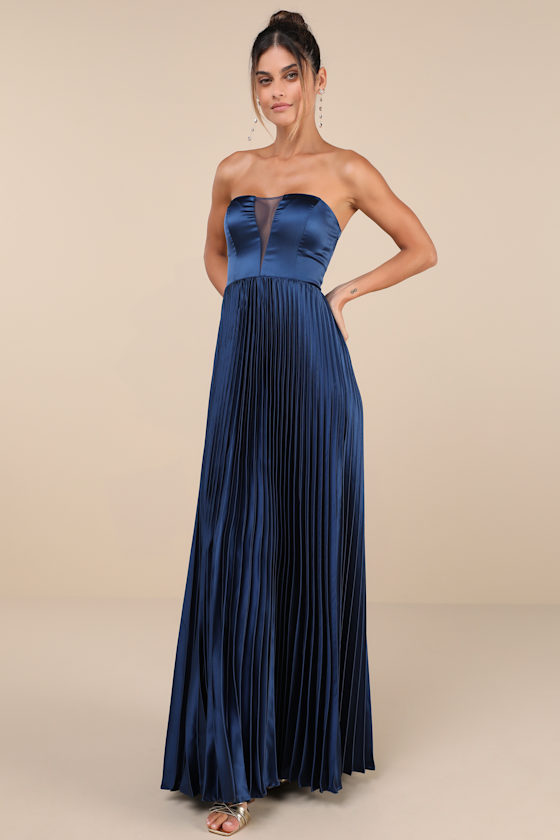 LULUS PERFECTED ELEGANCE NAVY BLUE SATIN PLEATED STRAPLESS MAXI DRESS