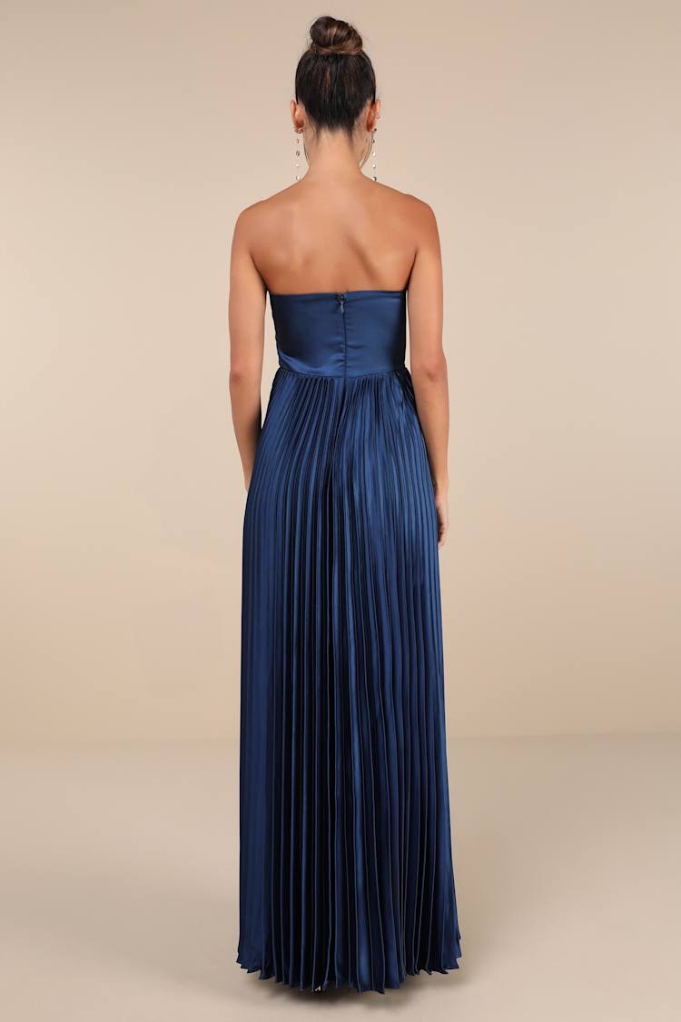 Navy Blue Satin Dress - Strapless Maxi Dress - Pleated Maxi Dress - Lulus
