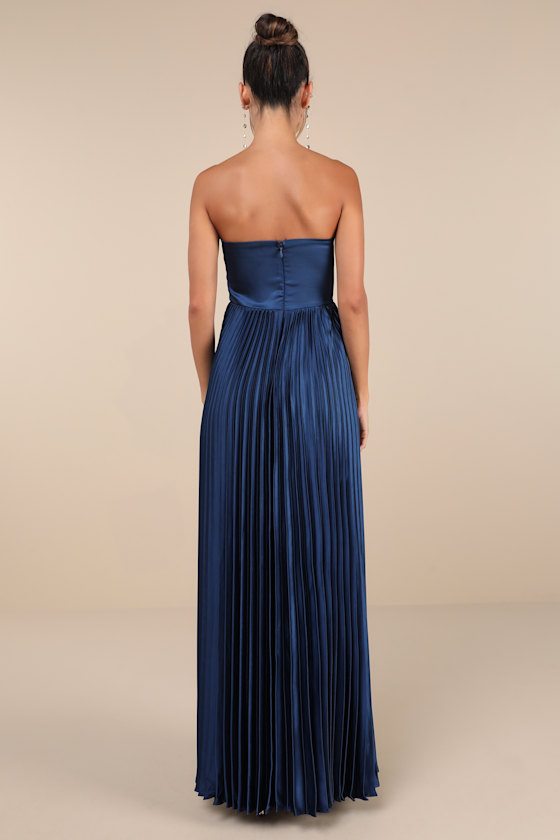 Perfected Elegance Navy Blue Satin Pleated Strapless Maxi Dress 4