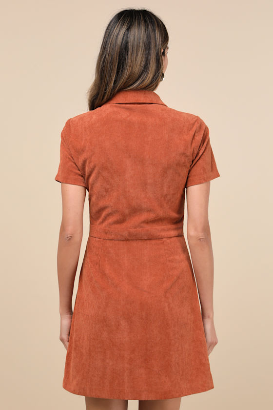 Lulus Go-getter Girl Rust Orange Corduroy Mini Dress With Pockets In Rust Orange