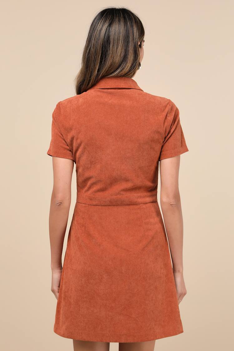 Go-Getter Girl Rust Orange Corduroy Mini Dress With Pockets