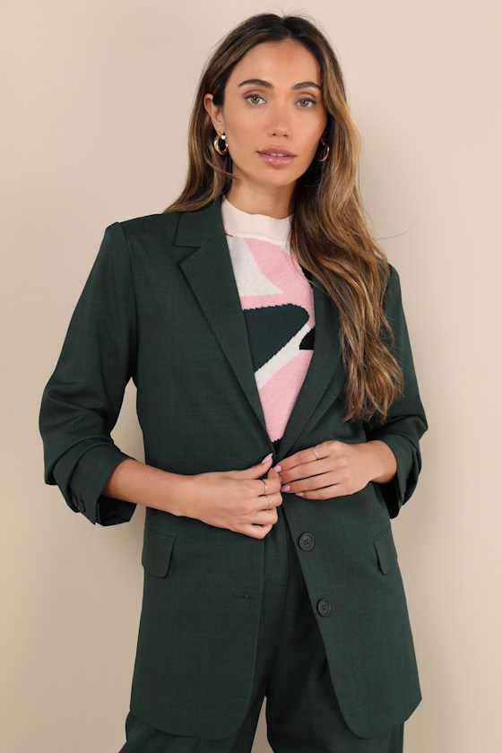 Lulus Bold Poise Dark Green Button-front Blazer In Dark Green