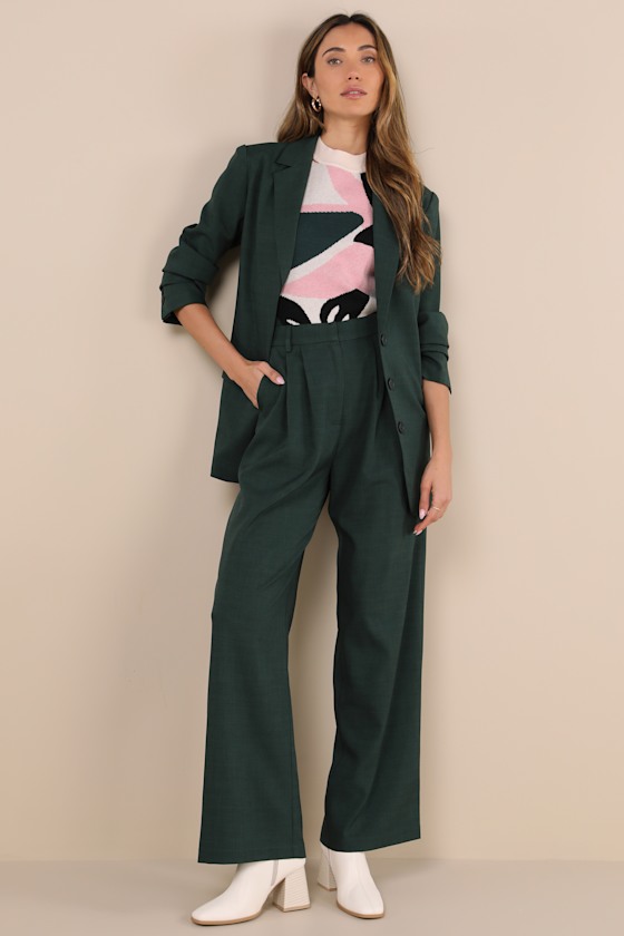 Lulus Bold Poise Dark Green High Rise Straight Leg Trouser Pants In Dark Green