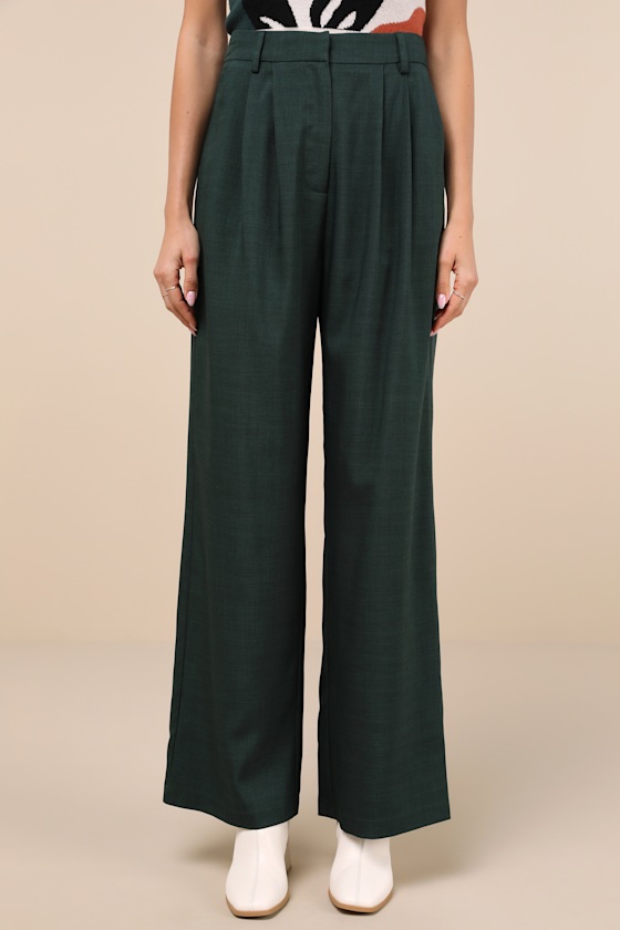 Lulus Bold Poise Dark Green High Rise Straight Leg Trouser Pants In Dark Green
