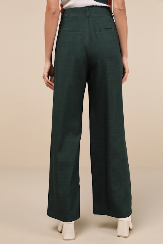 Lulus Bold Poise Dark Green High Rise Straight Leg Trouser Pants In Dark Green