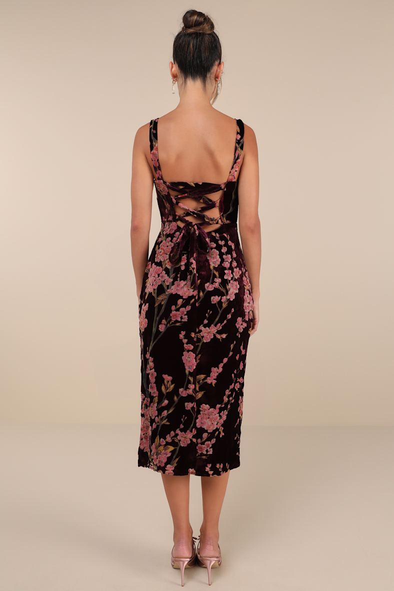 Romantic Stunner Plum Floral Burnout Velvet Lace-Up Dress