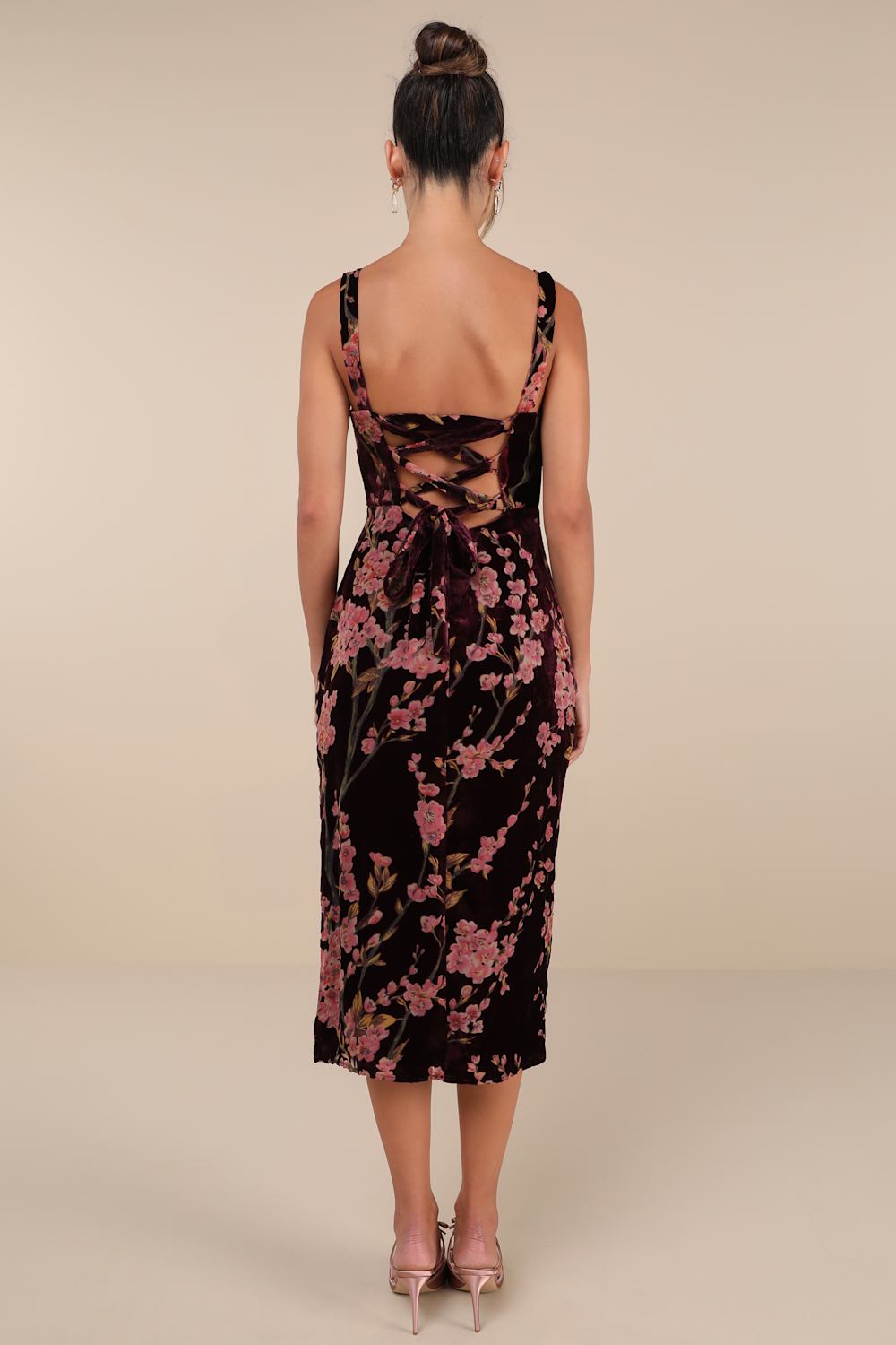 Romantic Stunner Plum Floral Burnout Velvet Lace-Up Dress
