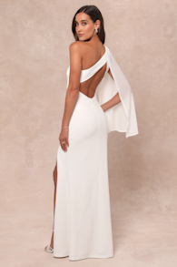 Majestic Attitude White Cape Sleeve One-Shoulder Maxi Dress 3