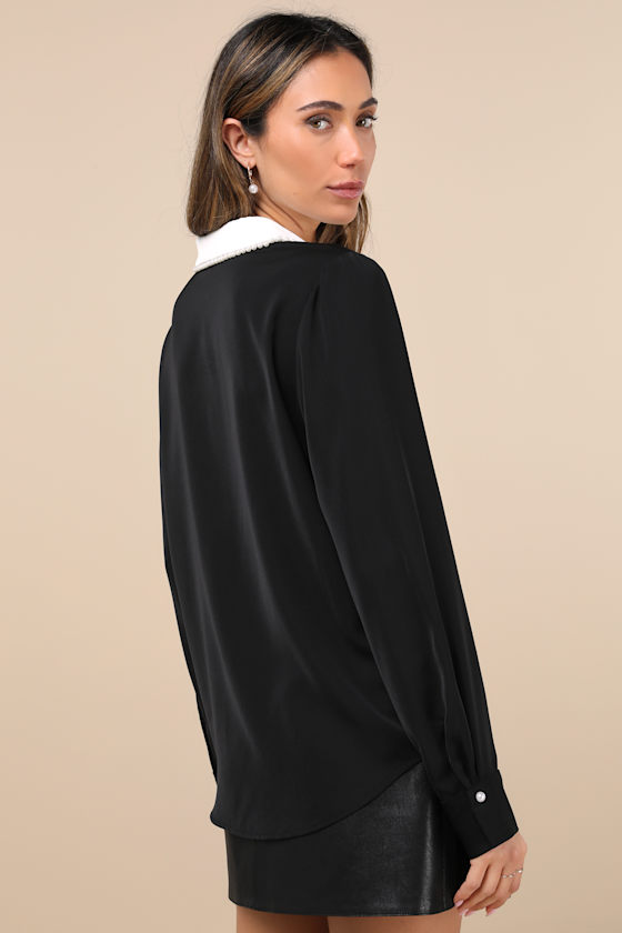LULUS UPSCALE COMPOSURE BLACK LONG SLEEVE PEARL TRIM BUTTON-UP TOP