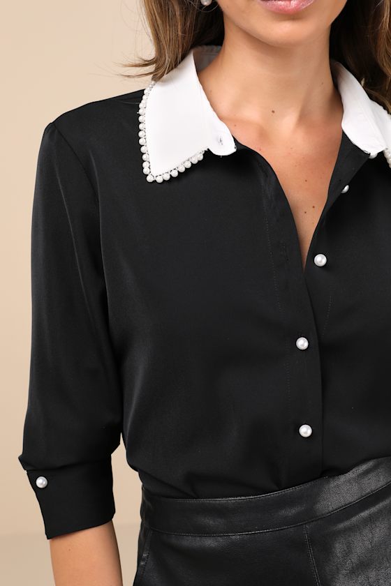 LULUS UPSCALE COMPOSURE BLACK LONG SLEEVE PEARL TRIM BUTTON-UP TOP