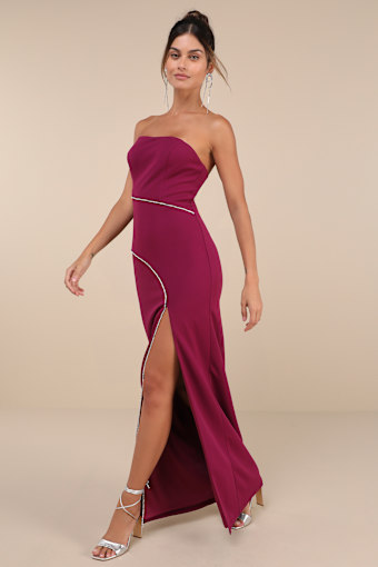 Elevated Sparkle Magenta Rhinestone Strapless Maxi Dress 2