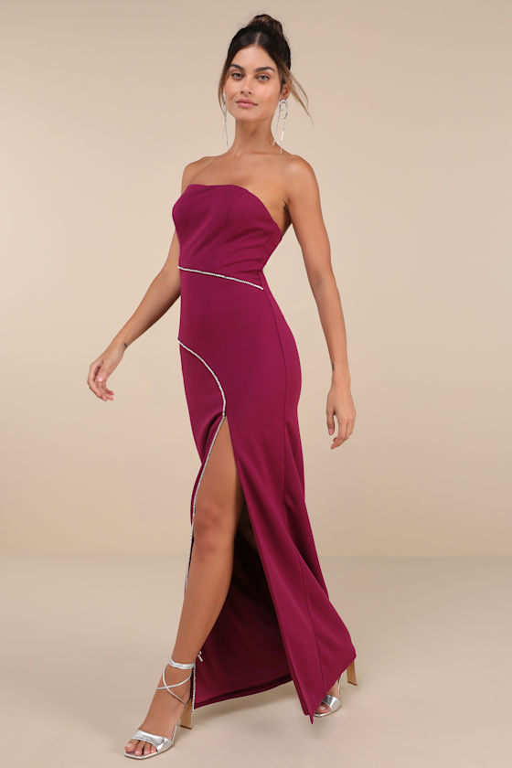 Elevated Sparkle Magenta Rhinestone Strapless Maxi Dress 2