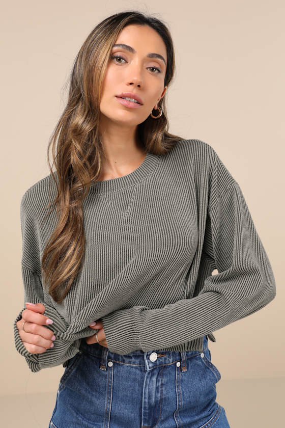Lulus Relaxed Attitude Olive Textured Ribbed Long Sleeve Crop Top In Green