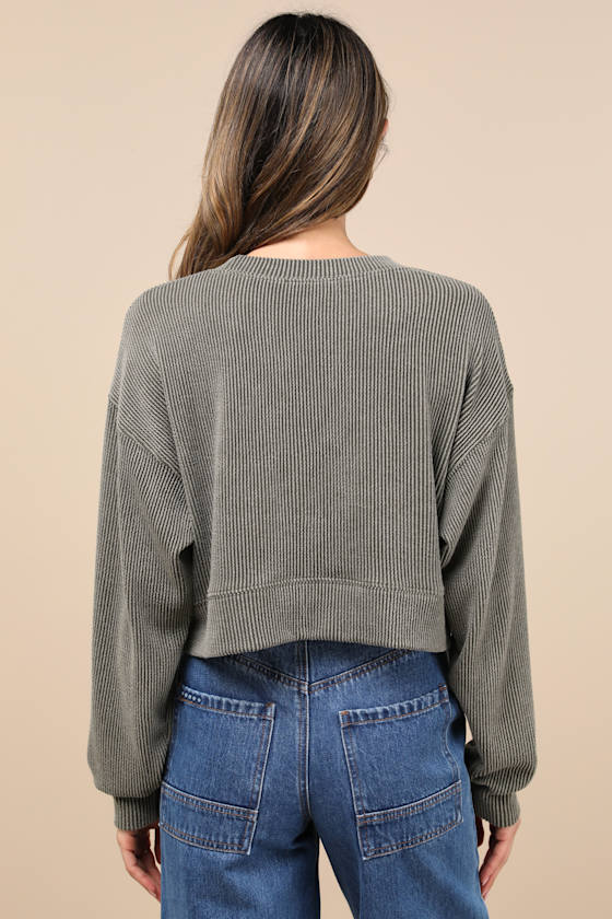 Lulus Relaxed Attitude Olive Textured Ribbed Long Sleeve Crop Top In Green