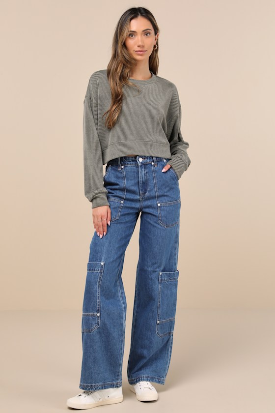 Lulus Relaxed Attitude Olive Textured Ribbed Long Sleeve Crop Top In Green