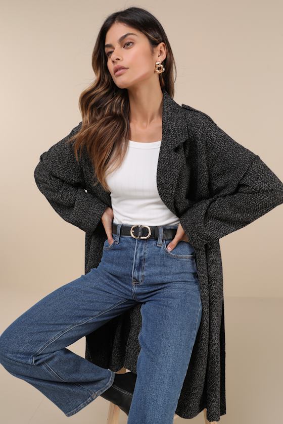 Lulus Prepped Perfection Black And White Tweed Trench Coat In Black And White