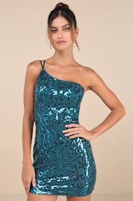 Sparkling Persuasion Teal Blue Sequin One-Shoulder Mini Dress 1