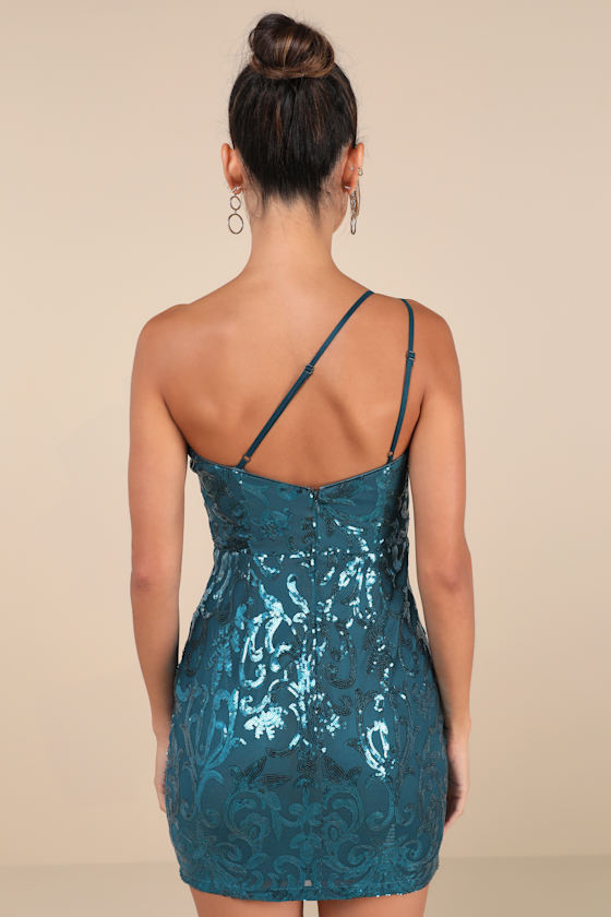 Sparkling Persuasion Teal Blue Sequin One-Shoulder Mini Dress 3