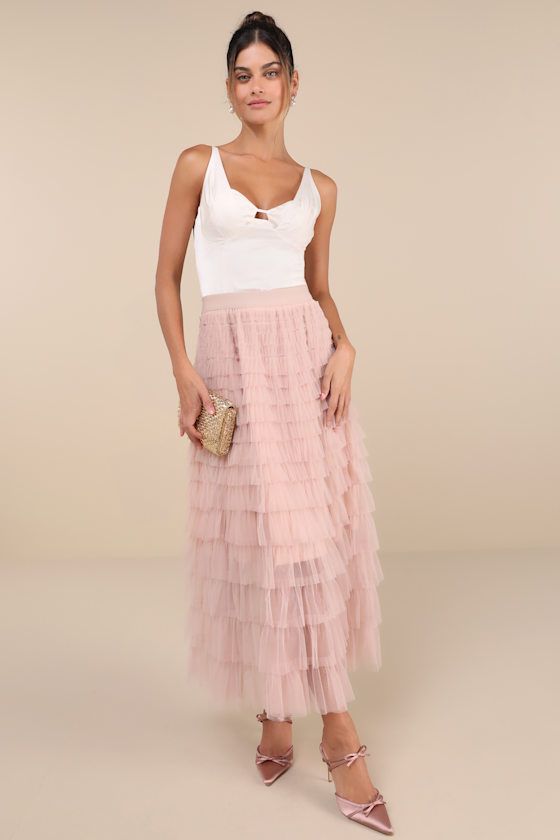 Instinctually Flirty Dusty Pink Tulle Tiered Maxi Skirt 1