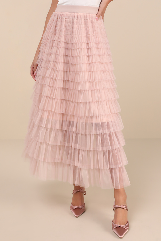 LULUS INSTINCTUALLY FLIRTY DUSTY PINK TULLE TIERED MAXI SKIRT