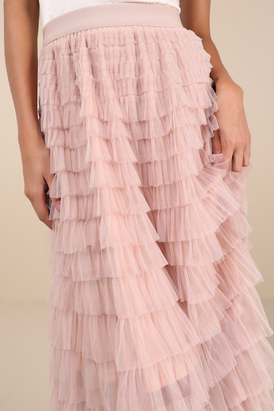 LULUS INSTINCTUALLY FLIRTY DUSTY PINK TULLE TIERED MAXI SKIRT