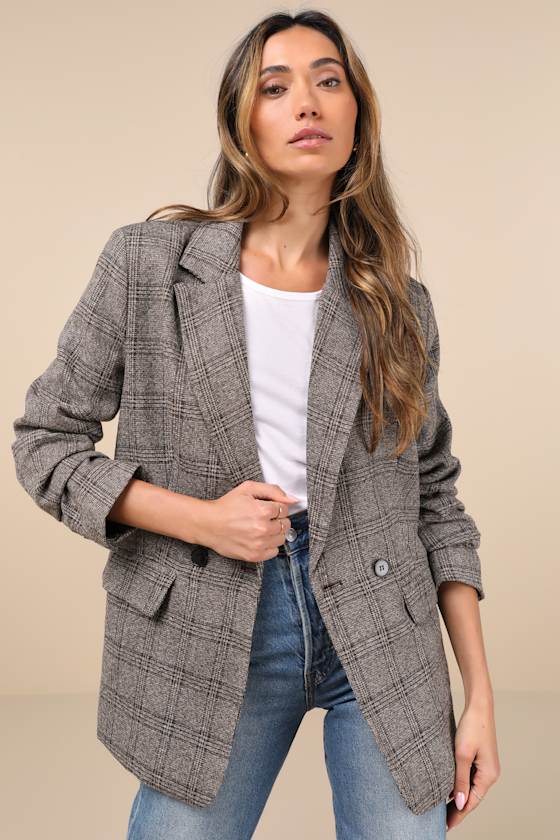Lulus Seasoned Chicness Brown Plaid Tweed Oversized Blazer