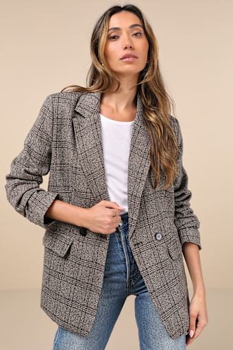 Seasoned Chicness Brown Plaid Tweed Oversized Blazer 1