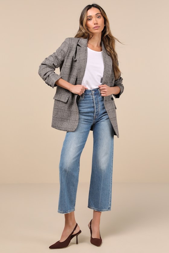 Lulus Seasoned Chicness Brown Plaid Tweed Oversized Blazer In Brown