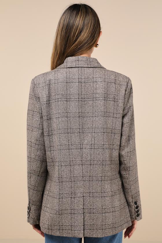 Lulus Seasoned Chicness Brown Plaid Tweed Oversized Blazer In Brown