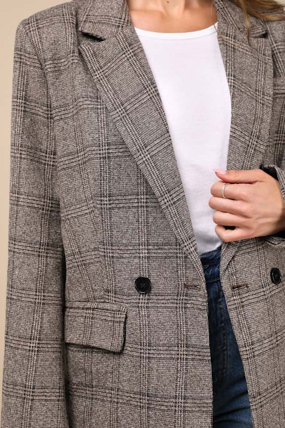 Lulus Seasoned Chicness Brown Plaid Tweed Oversized Blazer In Brown