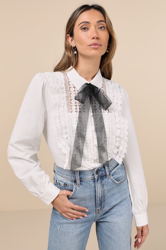 Lulus Outstanding Charisma White Crochet Lace Tie-neck Button-up Top In White