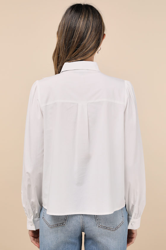 Lulus Outstanding Charisma White Crochet Lace Tie-neck Button-up Top In White