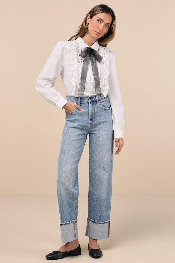 Lulus Outstanding Charisma White Crochet Lace Tie-neck Button-up Top In White