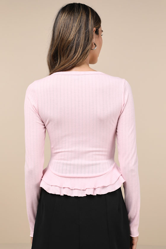 トップス U cut frill layered rib tops pink wave frill pleats tops pink | BONNE