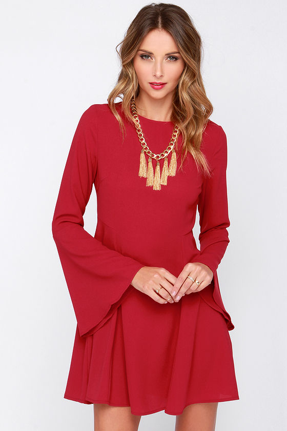 Pretty Wine Red Dress Long Sleeve Dress Bell Sleeve Dress 40.00