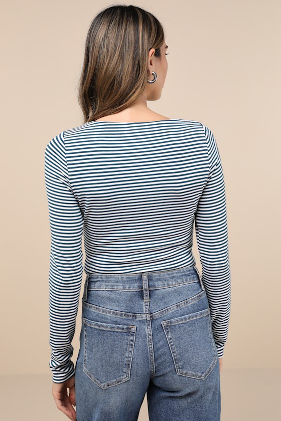 LULUS CHARMING NECESSITY WHITE AND TEAL STRIPED LONG SLEEVE BODYSUIT