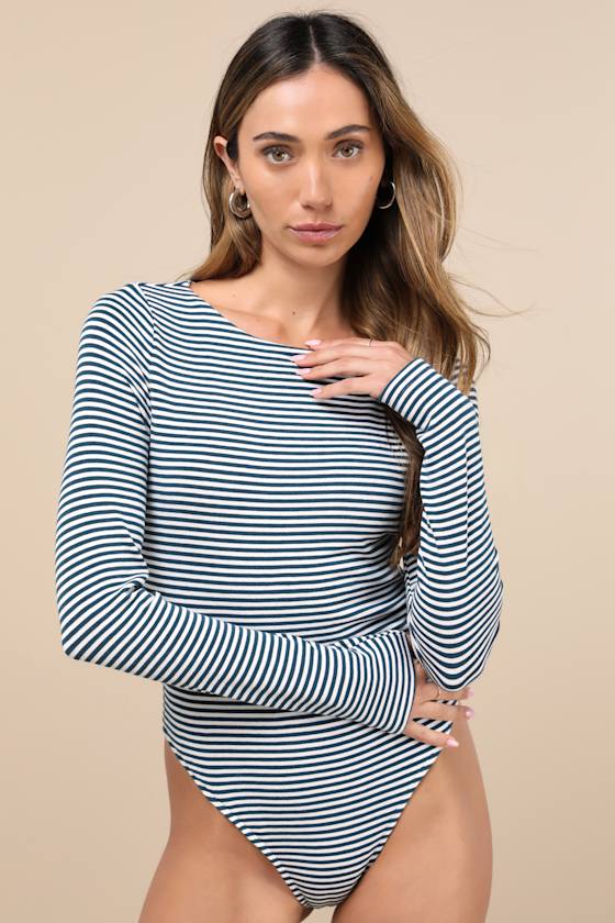 LULUS CHARMING NECESSITY WHITE AND TEAL STRIPED LONG SLEEVE BODYSUIT
