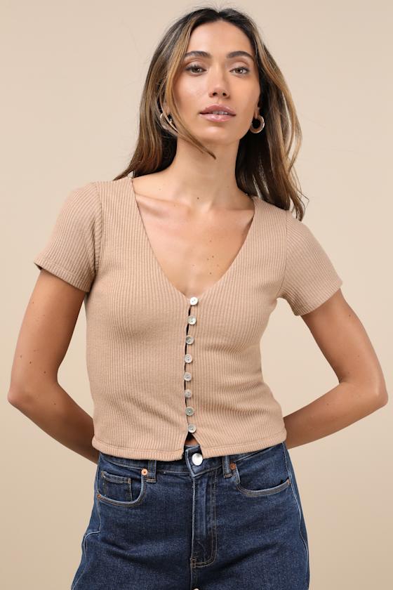 Lulus My Everyday Best Tan Ribbed Short Sleeve Button-front Top