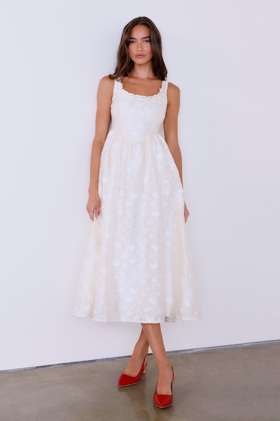 Cream Jacquard V-Neck Dress